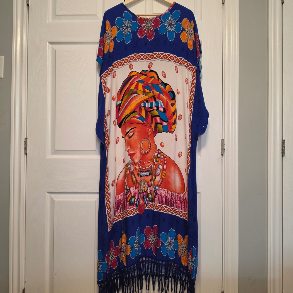 Q&H Closet African Woman Graphic Print Kaftan Blue Fringe Maxi Dress OS One Size